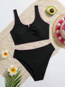 Bộ bikini không dây cổ chữ V màu trơn cho cô gái tuổi teen đi biển mùa hè - màu đen - Xem 4