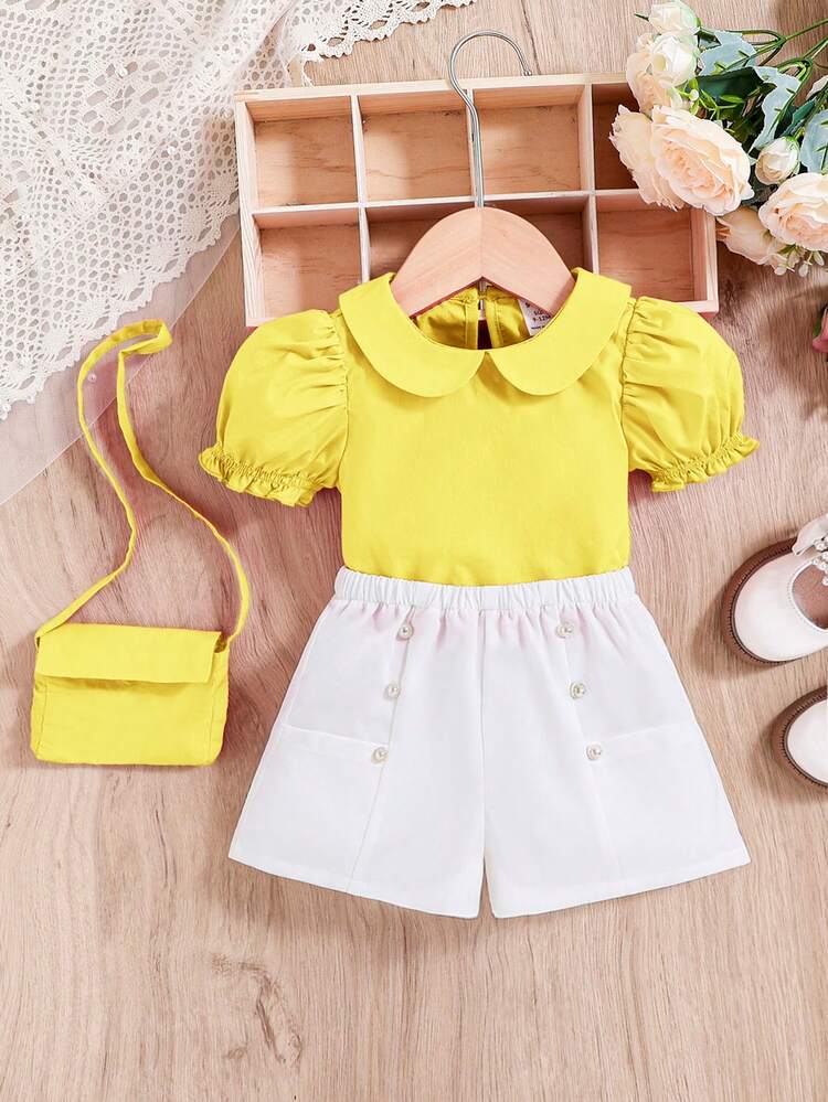 Baby Girl Casual Solid Color Peter Pan Collar Short Sleeve Shirt And Shorts Set
