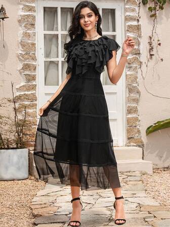 Designer Women's Summer Party Dress, Black Ruffle Trim Mesh Contrast Lace Dress