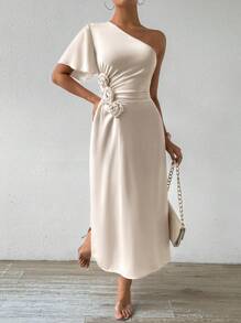 Chiquease Vestido elegante con un solo hombro y cintura plisada - Albaricoque - Ver 8