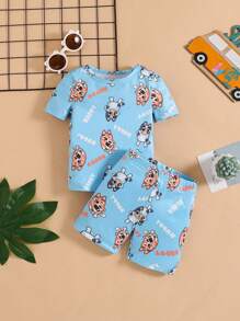 Baby Boy Cartoon Dog Print Round Neck Short Sleeve Top And Shorts Home Wear Snug Fit - Blue - View 4