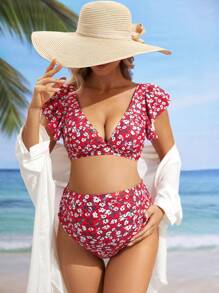 SHEIN Summer Beach Maternity Butterfly Sleeve Floral Print Bikini Set - Multicolor - View 5