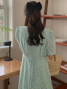 DAZY Đầm cổ chữ V họa tiết hoa ngọt ngào thanh lịch thời trang dành cho nữ - Màu xanh lam - Xem 2