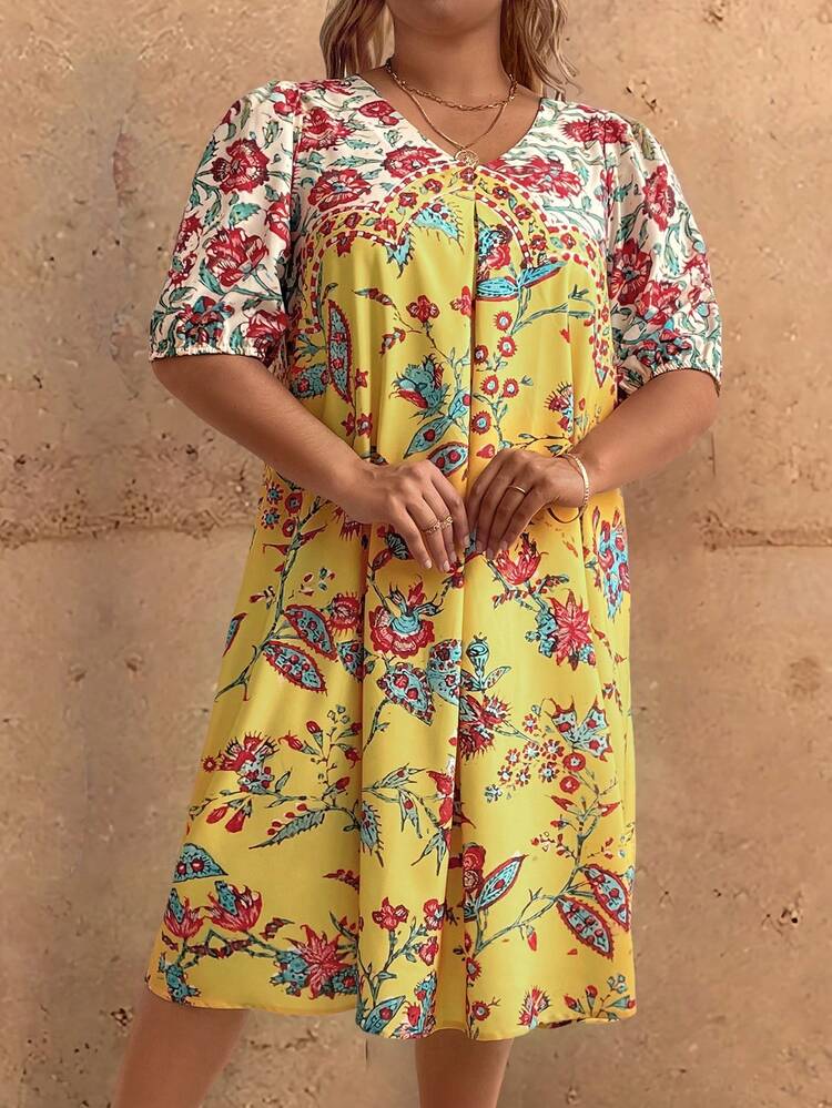 Vintage Style Floral Print Plus Size Simple Daily Dress