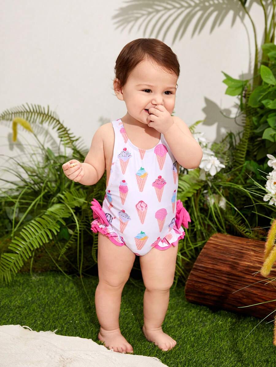SHEIN Đứa bé gái In kem Áo tắm một mảnh Với Nơ Đồ trang trí - Hồng - Xem 1