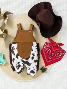 SHEIN Baby Boy 3pcs/Set Western Style Cow Print Jumpsuit With Braces And Brown Suede Cowboy Hat, Matched With Peruvian  Geometric Printed Scarf, Exuding Wildness And Cuteness