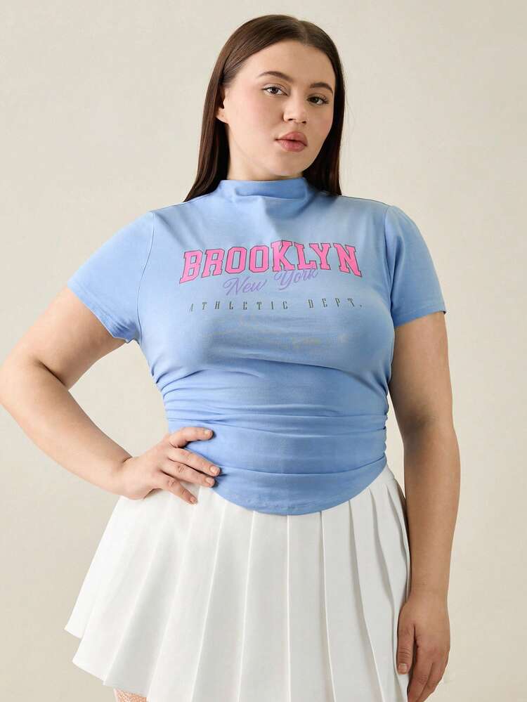 Women Plus Size Letter Print Stand Collar Pleated Short Sleeve Slim Fit T-Shirt