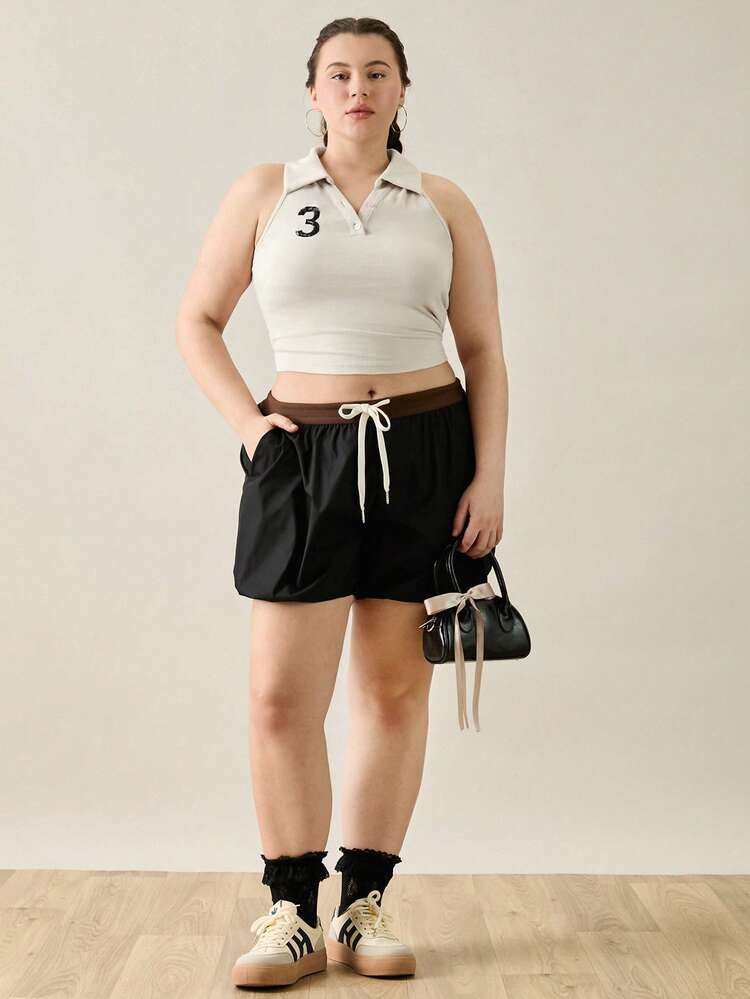 Plus Size Summer Casual Slim Fit Sequins Embroidered Number Pattern Cropped Tank Top