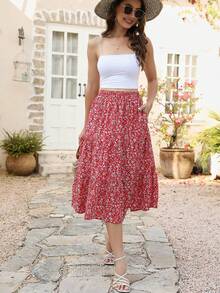 Women Elastic Waist Printed Layered Midi-Length Casual Vacation Beach Skirt - Red - View 5