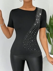Chiquease Áo thun nữ tay ngắn thời trang đính đá Rhinestone (Mẫu đính đá Craft) Áo thun họa tiết dành cho nữ - màu đen - Xem 5