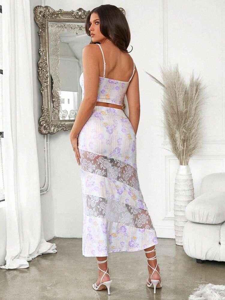 Women Purple/White/Yellow Summer Floral Lace Splice Spaghetti Strap Top With Bowknot And Basic Shorts Set