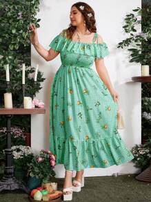 Sunnyshic 加大碼露肩不對稱條紋印花中長款連身裙 - 彩色 - 查看 6