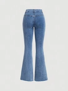 SHEIN MOD 女士時尚牛仔褲，帶系設計，裂縫剪裁，修身版型 - 淺色水洗藍 - 查看 2