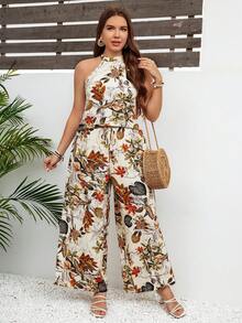 SHEIN VCAY Bộ đồ hai mảnh hở vai in họa tiết thời trang cỡ lớn cho nữ - trái cam - Xem 5