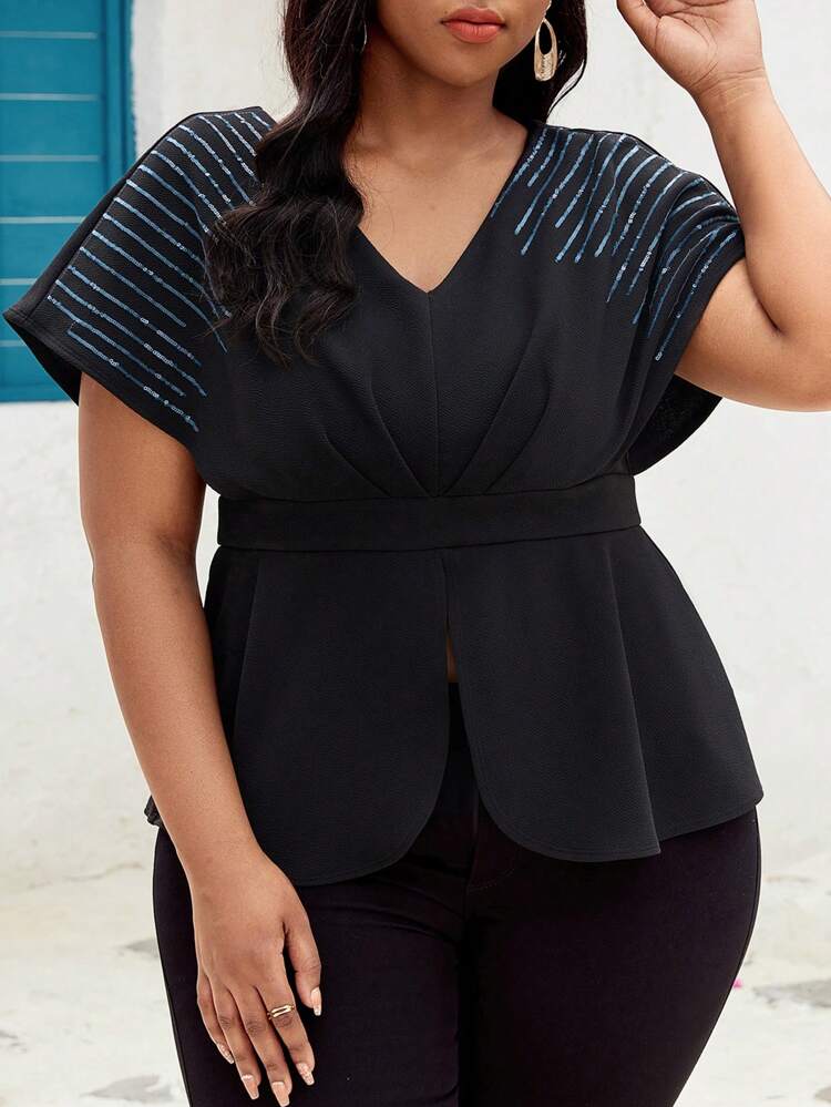 Plus Size Summer Casual T-Shirt With Sequin Decoration, Batwing Sleeve, Cinched Waist And Side Split