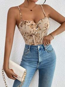Allurite Summer Floral Print Sleeveless Bodysuit, Perfect For Casual And Work - Apricot - View 2