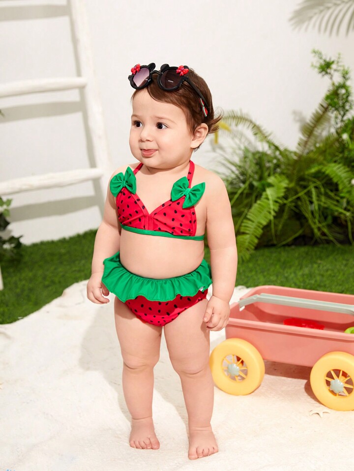 スイカ水着 赤ちゃん用水着 ガールズ ボウノット飾り スイカ柄 プリント | #SHEIN1111sale