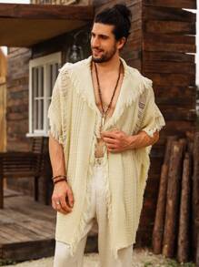 Genlund Áo len Kimono phong cách ngày lễ thời trang nam có viền tua rua, dành cho mùa thu - Màu be - Xem 6