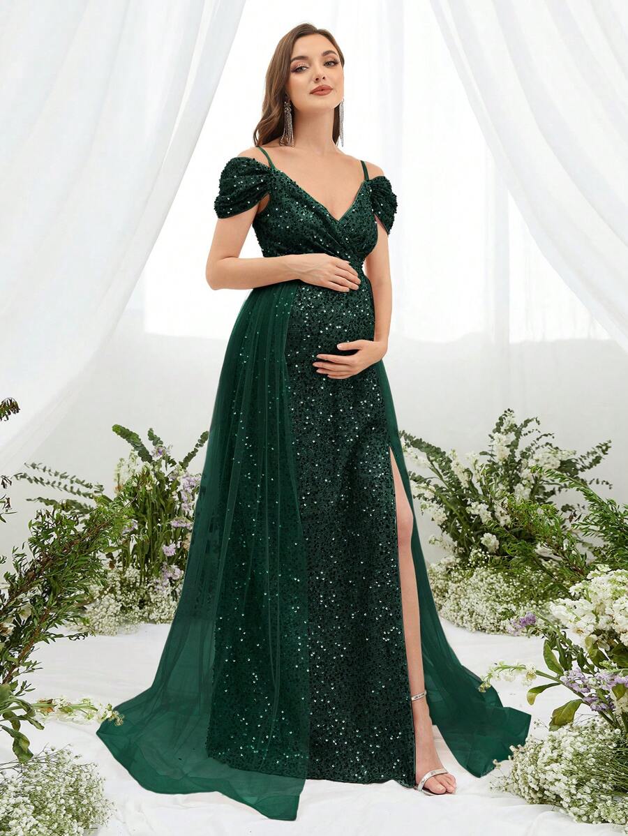 孕妇露肩撞色网眼亮片舞会优雅连衣裙