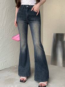 DAZY Quần jean denim ống loe kiểu dáng đơn giản dành cho nữ - Rửa tối - Xem 8