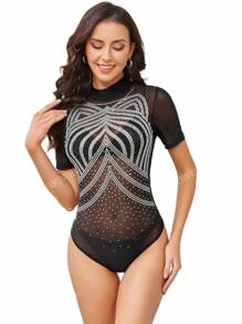 Black Cat Ears Shape Rhinestones Short Sleeve Bodysuit