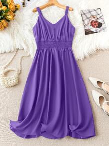 SHEIN Clasi 大尺碼夏季休閒純色束腰背心裙 - 紫色 - 查看 1