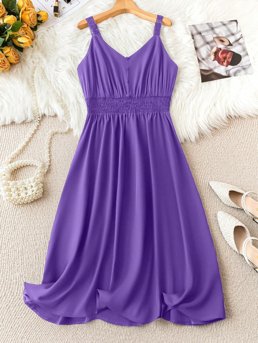 SHEIN Clasi 大尺碼夏季休閒純色束腰背心裙 - 紫色 - 查看 1