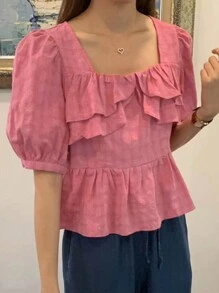 DAZY Áo Sơ Mi Tay Ruffle Hem Kẻ Sọc Thường Ngày Xuân/Hè - Hồng - Xem 6