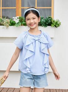 SHEIN Tween Girl Loose-Fit Striped Shirt With Japanese-Style Simplicity, Bowknot & Ruffle Hem Decor - Blue - View 5