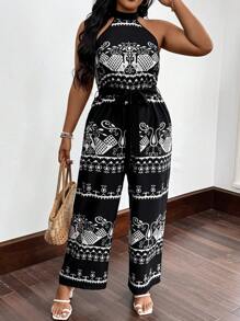 SHEIN LUNE Plus Size Nữ Áo liền quần hở vai họa tiết hoa cổ điển - màu đen - Xem 1