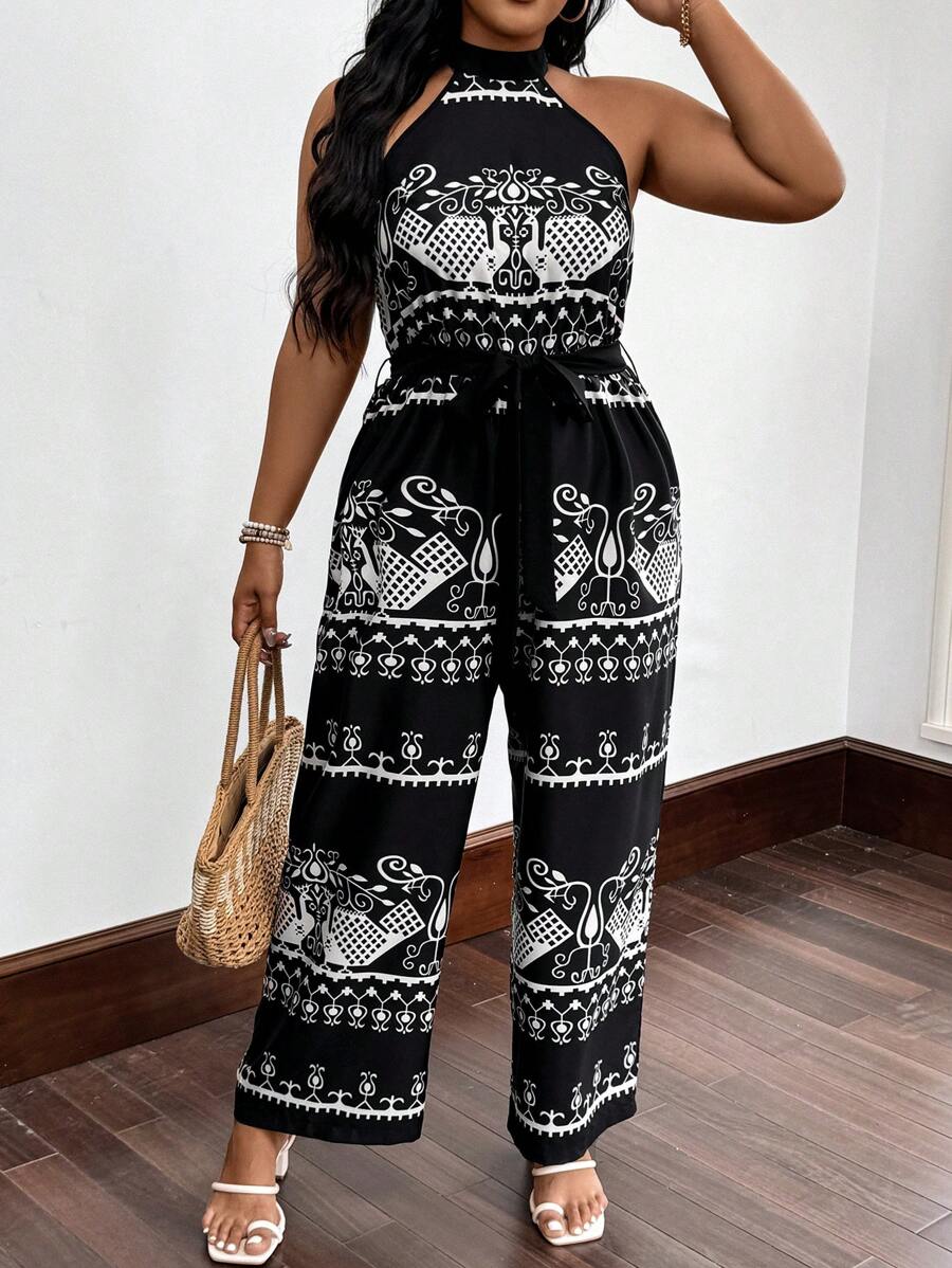 SHEIN LUNE Plus Size Nữ Áo liền quần hở vai họa tiết hoa cổ điển - màu đen - Xem 1