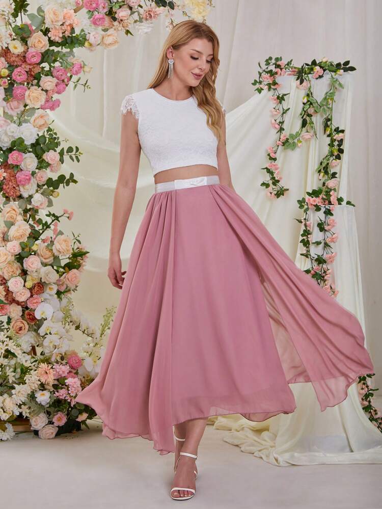 Women Plain Simple Top And Mesh Skirt Two Pieces Set