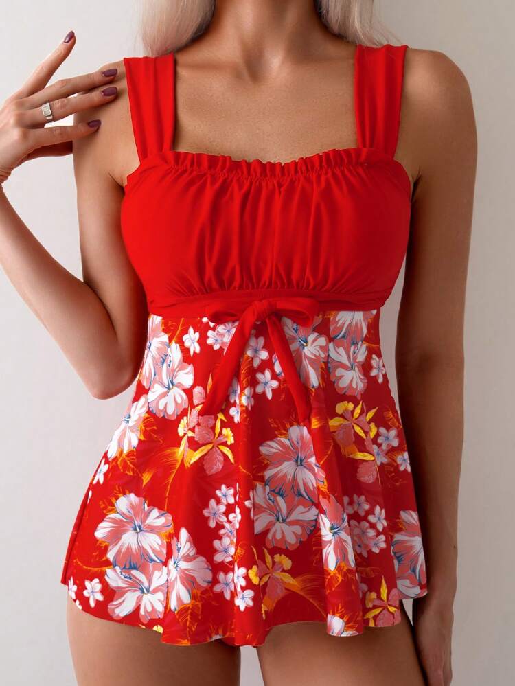 Women Vacation Frill Trim Floral Print Waist Tie Strap Cami Swimsuit Cover Up Dress Summer