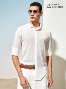 AKNOTIC Business Casual 易護理男款緊身純色長袖針織襯衫 - 白色 - 查看 5