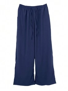 Plus Size Plain Color Drawstring Waist Casual Pants For Women, Daily - Navy Blue - View 3