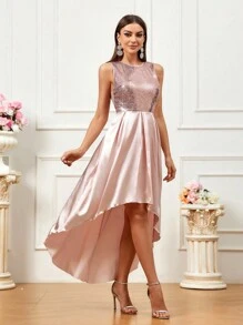 Zolique 女士夏季無袖連衣裙，不規則下擺和閃亮拼布