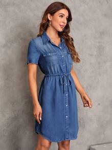 SHEIN LUNE Women Summer Short Sleeve Waist Drawstring Casual Shirt Dress - Medium Wash - View 6