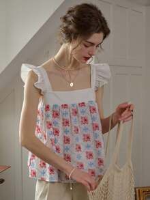Simple Retro Ladies" Color Block Square Neckline Embroidered Butterfly Sleeve Top For Summer - White - View 6