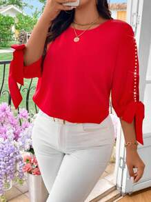 EMERY ROSE Plus Size Faux Pearl Beaded Round Neck Hollow Out Tie Front Summer Casual Shirt For New Year Clothes