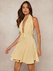Hauture Buttery Yellow Self Tie Front Woven Plunging Neck Open Back With Bow Halter Dress