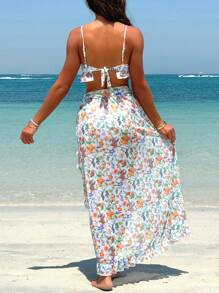 SHEIN Swim 女性夏季時尚雛菊花卉印花比基尼套裝，3件套裝 - 彩色 - 查看 2
