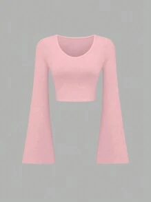 Sweetra Camiseta de mujer con manga acampanada corta de unicolor de moda