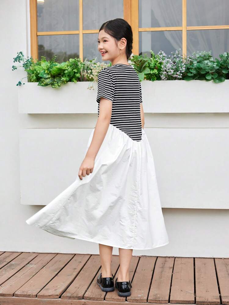 Tween Girl Loose Cute Casual Heterogeneous Striped T-Shirt Mid-Length Dress
