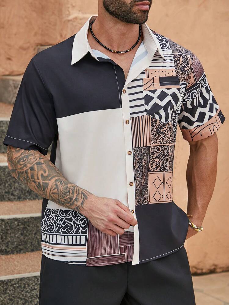 Men Plus Size Holiday Casual Color Block Printed Splice Short Sleeve Shirt