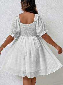 Flirla Plus Size Women Simple Solid Color Ruffle Trim Decorated Dress - White - View 2
