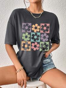 INAWLY Women Summer Floral Print Round Neck Short Sleeve Casual T-Shirt Graphic Tees Women Tops