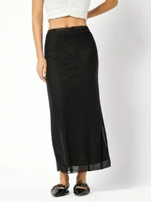 LYSMO High Waist Contrast Mesh Mermaid Hem Lace Splicing Black Midi Skirt - Black - View 1