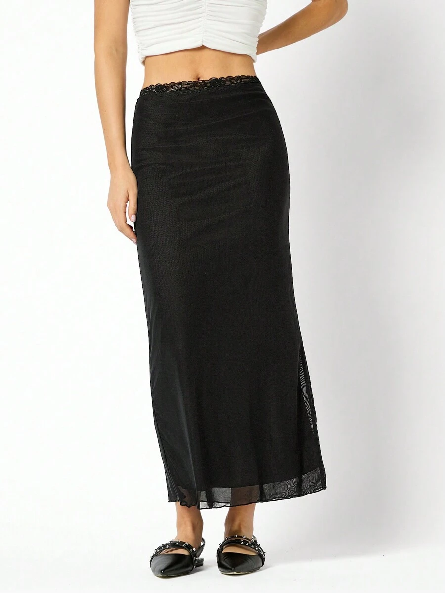 LYSMO High Waist Contrast Mesh Mermaid Hem Lace Splicing Black Midi Skirt - Black - View 1
