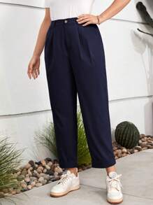 SHEIN LUNE Plus High Summer Pants Waist Plicated Detail Pants - Navy Blue - View 5