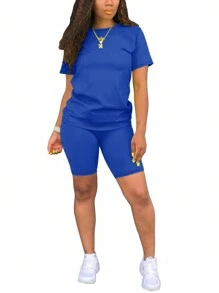 2pcs/Set Women Summer Solid Color Crew Neck Short Sleeve T-Shirt And Shorts Set